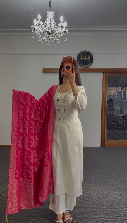 Ivory chikankari-style silk kurti set with fuchsia Banarasi dupatta — Behuli Australia