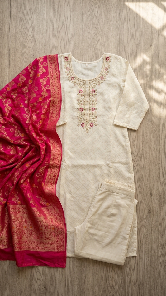 Ivory Chikankari Silk Kurti Set