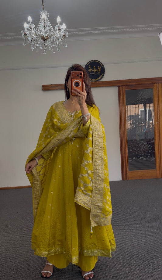 Mustard Silk Anarkali Set with Zari Weave & Embroidered Dupatta