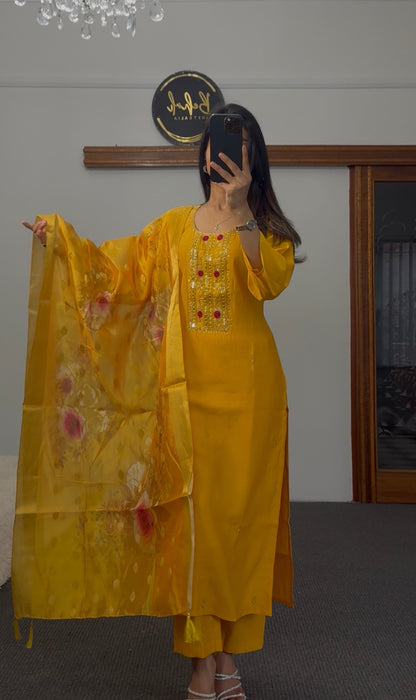 Mustard Silk Kurta Palazzo Set with Kundan & Sequin Work