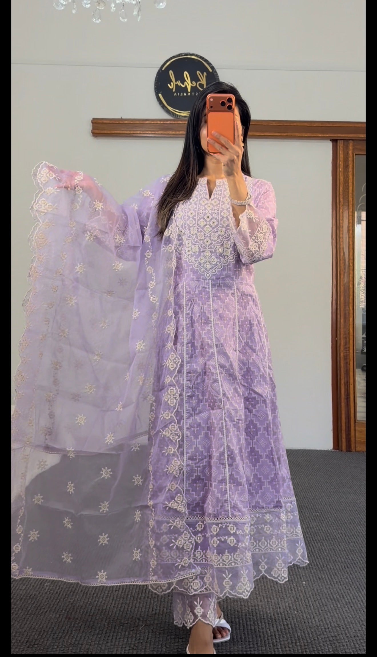 Lavender Chikankari Anarkali Set with Organza Dupatta