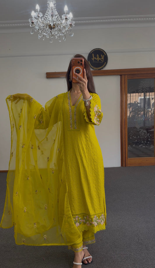 Chartreuse Cotton Chikankari Anarkali Kurti Set with Dupatta