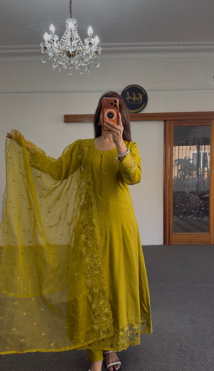 Mustard Silk Anarkali Set with Floral Resham Embroidery