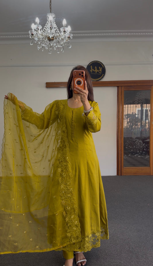 Mustard Silk Anarkali Set with Floral Resham Embroidery