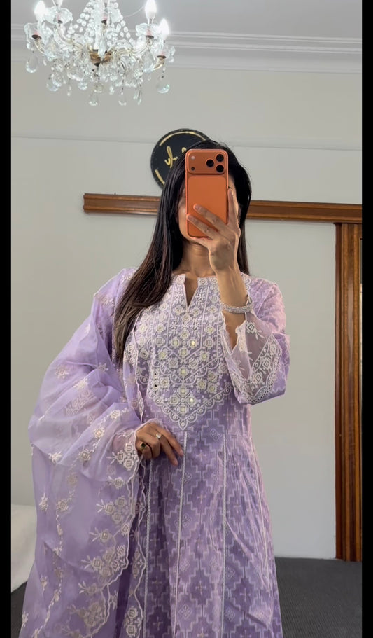 Lavender Chikankari Anarkali Set with Organza Dupatta