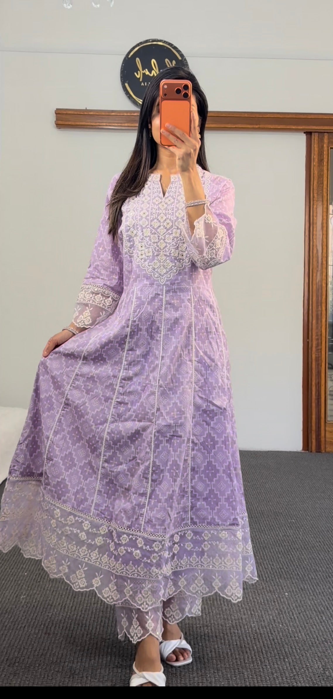 Lavender Chikankari Anarkali Set with Organza Dupatta