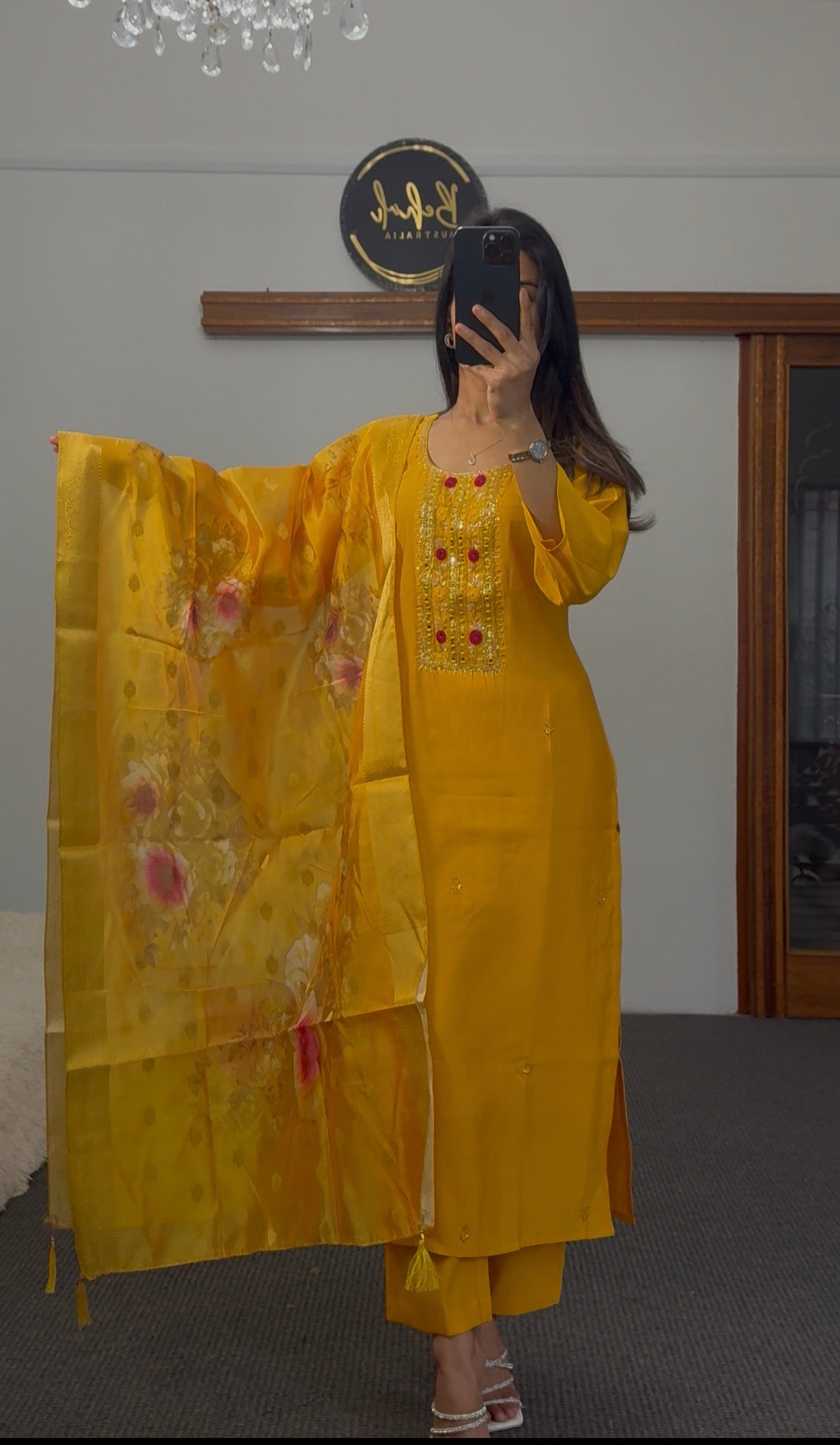 Mustard Silk Kurta Palazzo Set with Kundan & Sequin Work