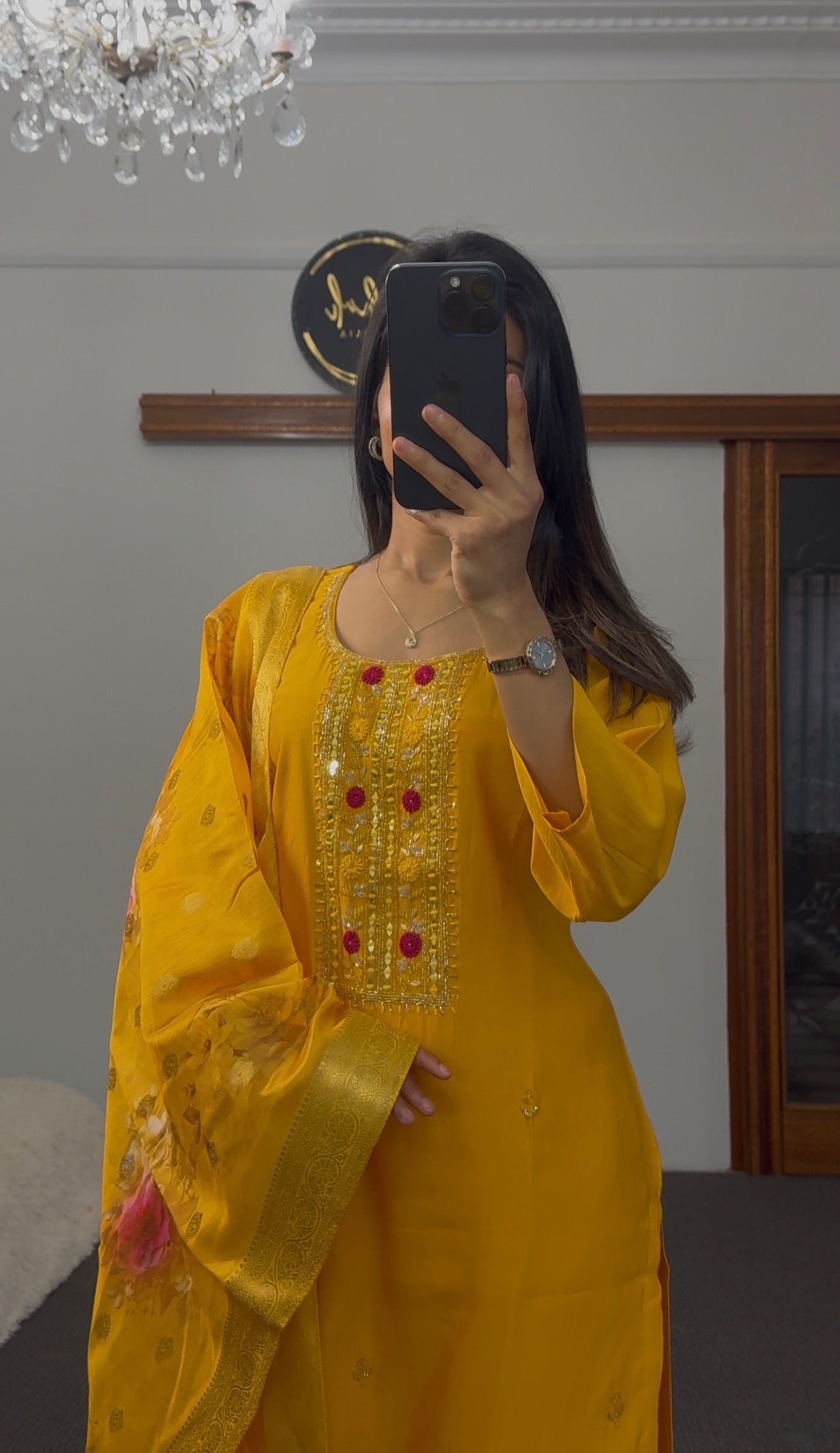 Mustard Silk Kurta Palazzo Set with Kundan & Sequin Work