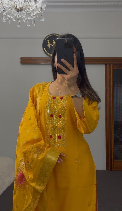 Mustard Silk Kurta Palazzo Set with Kundan & Sequin Work