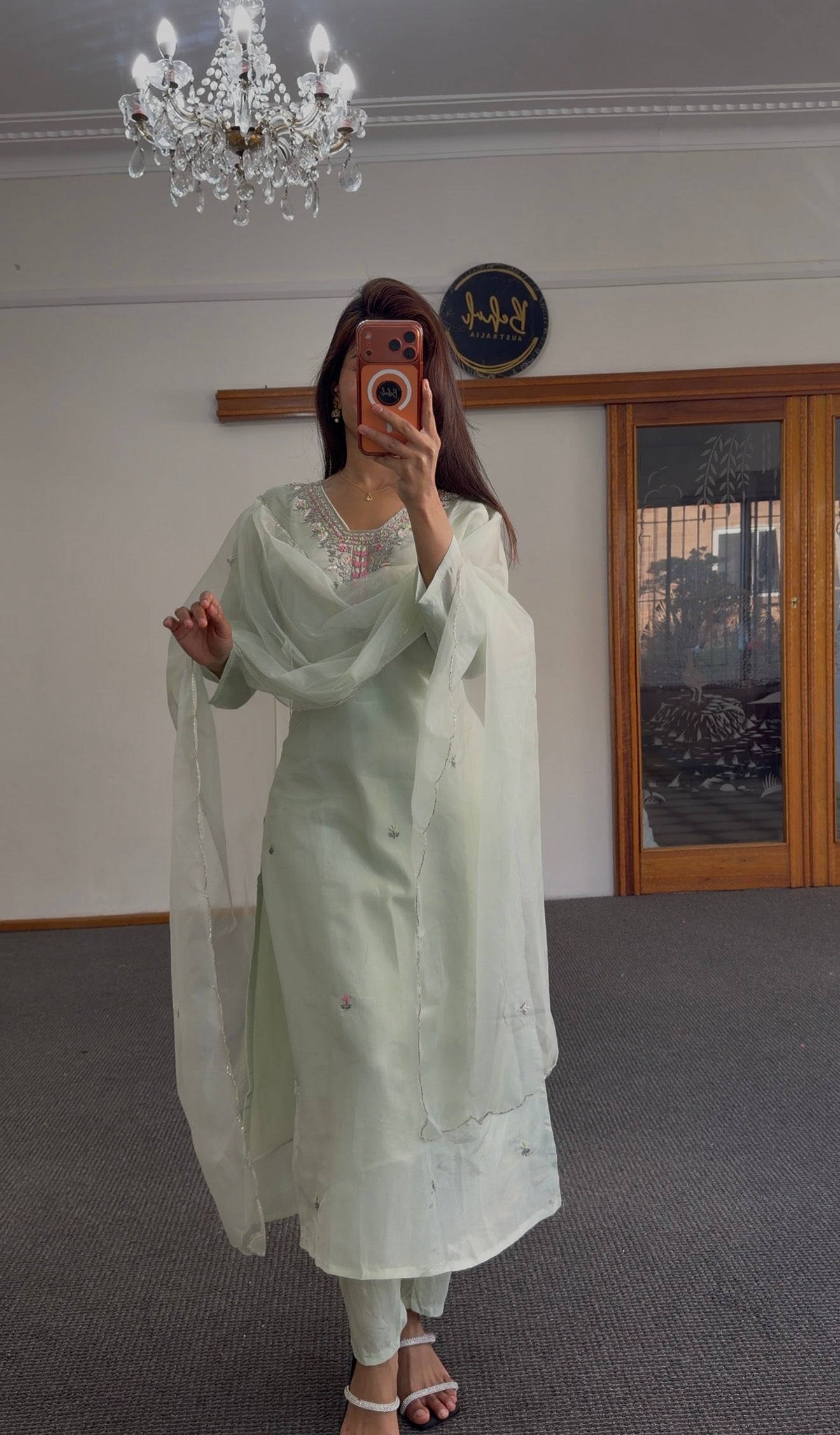 Mint Green Chanderi Kurti Set with Floral Resham Embroidery