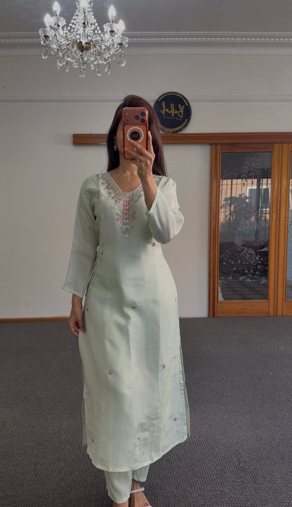 Mint green Chanderi kurti set with floral resham embroidery and organza dupatta — Behuli Australia — alternate view 3