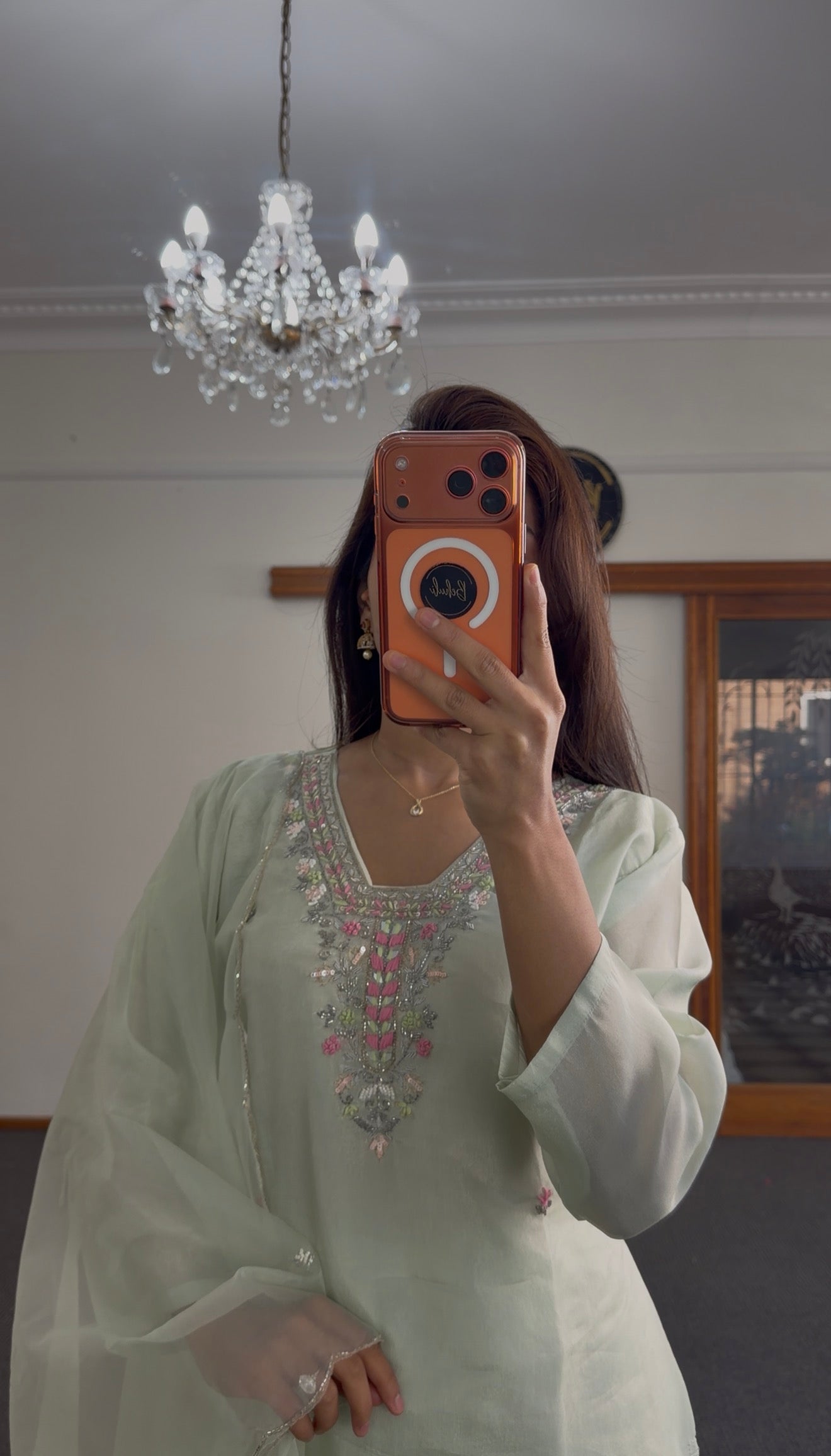 Mint Green Chanderi Kurti Set with Floral Resham Embroidery