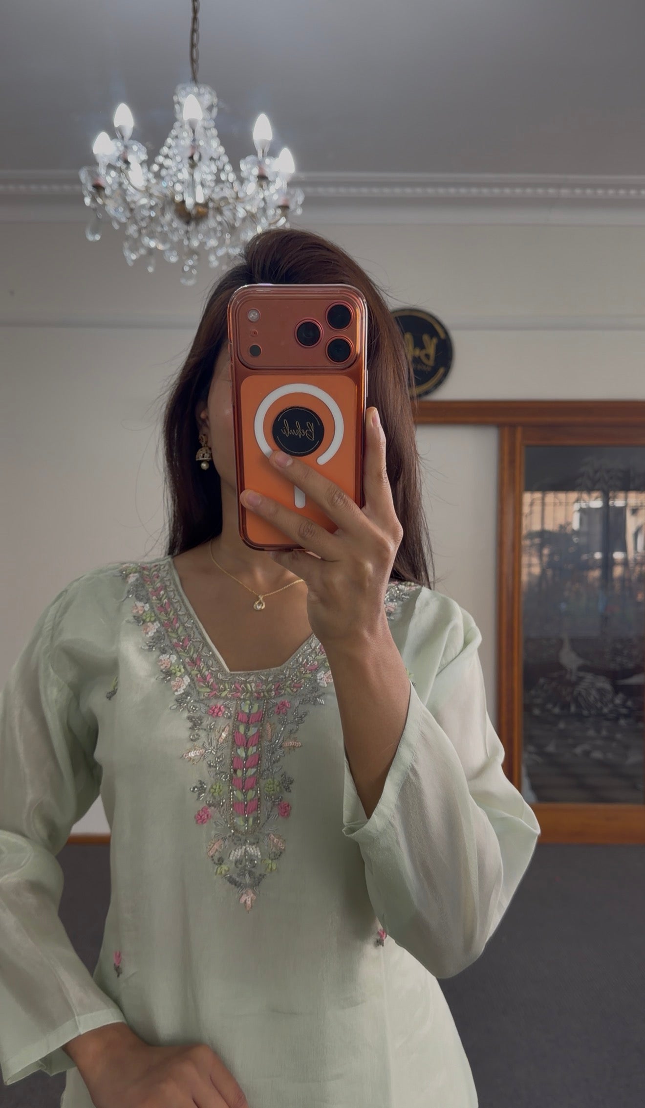 Mint Green Chanderi Kurti Set with Floral Resham Embroidery