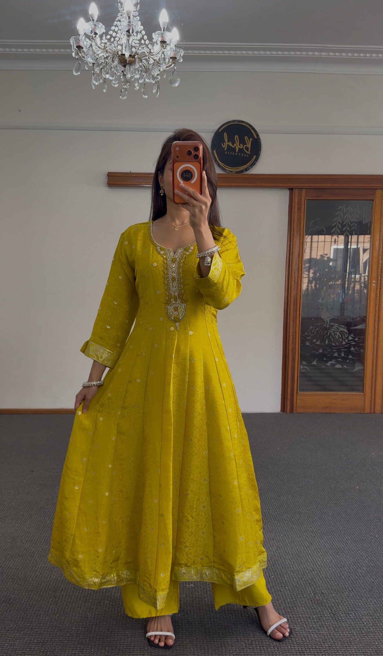 Mustard Silk Anarkali Set with Zari Weave & Embroidered Dupatta