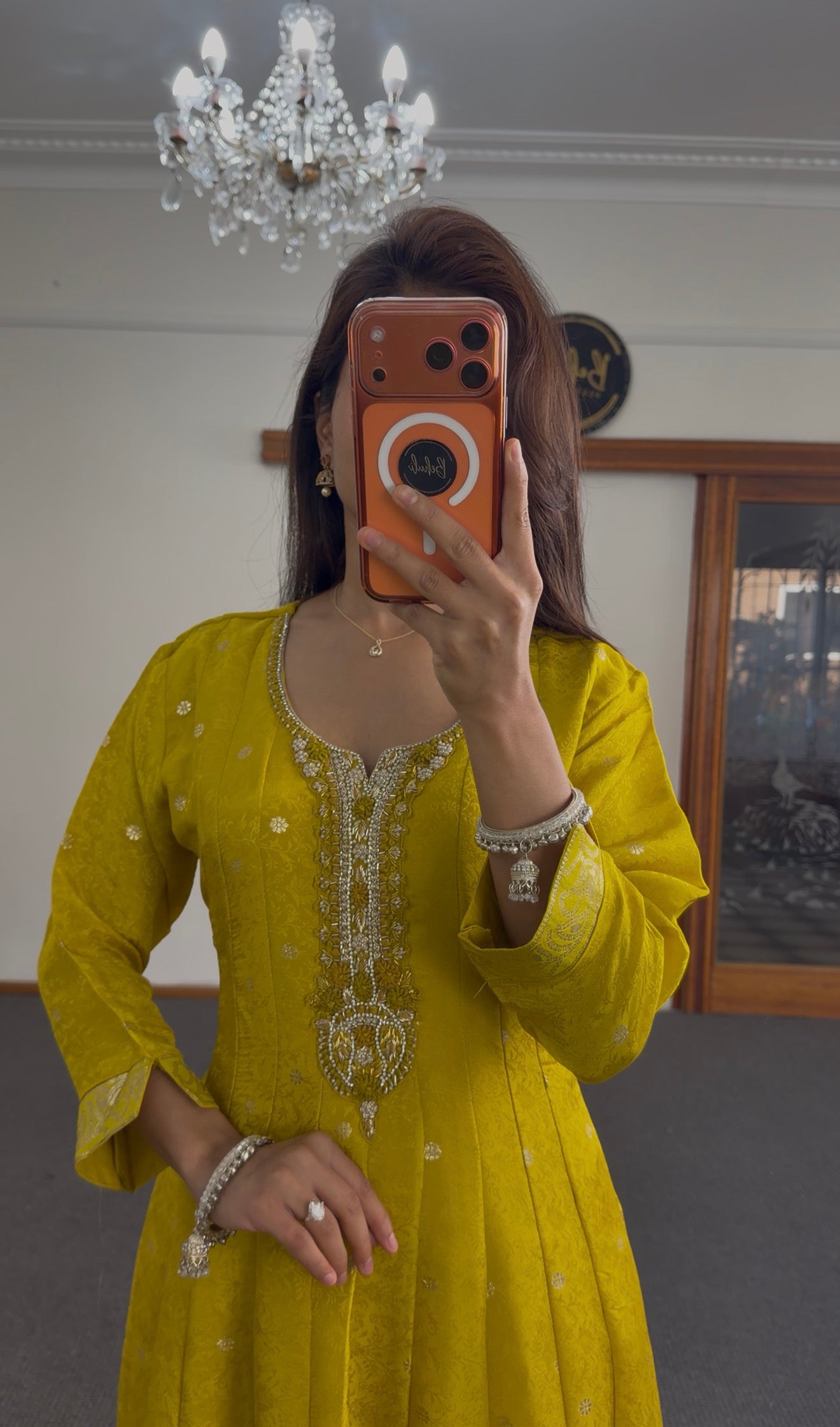 Mustard Silk Anarkali Set with Zari Weave & Embroidered Dupatta