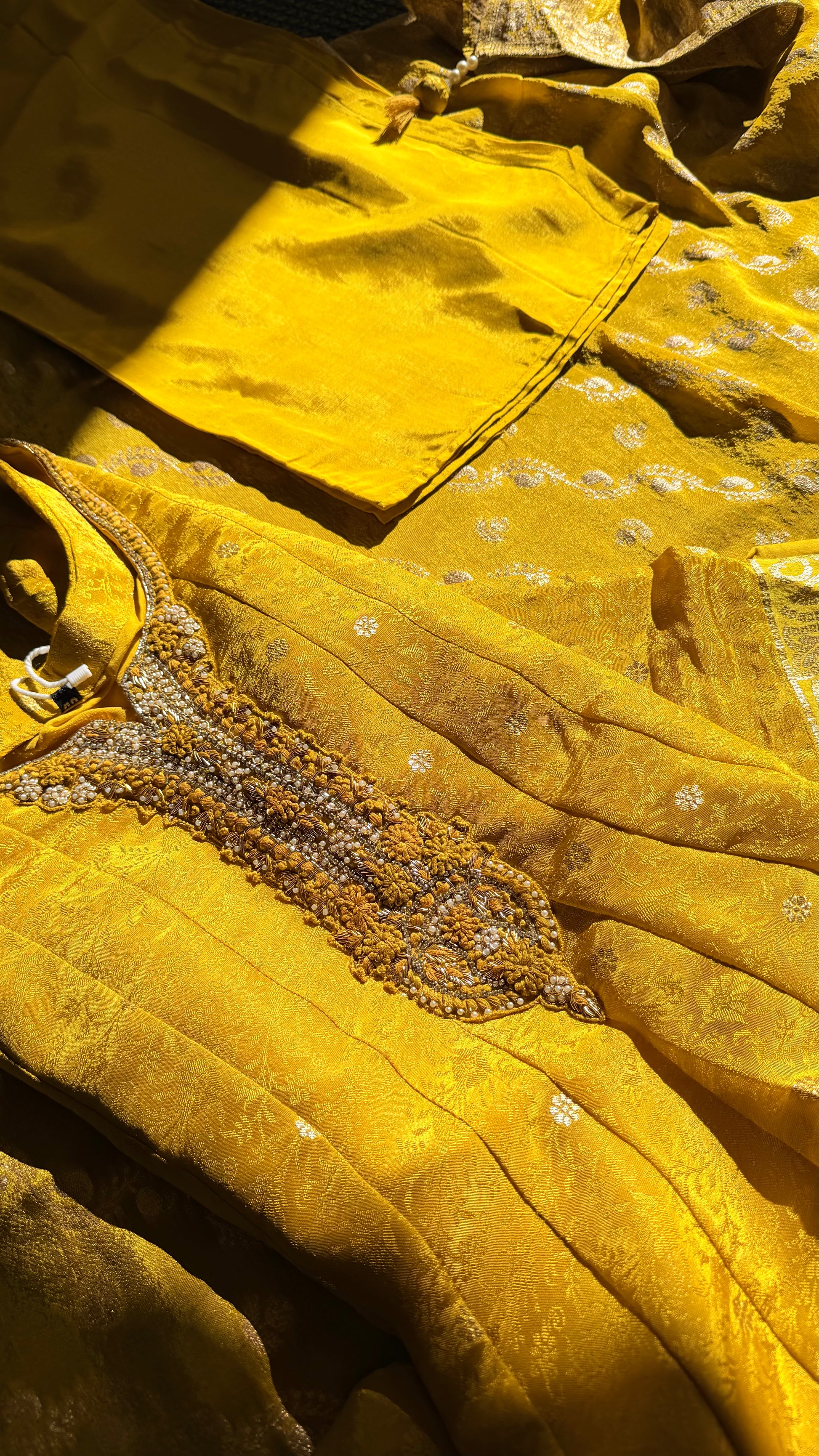Mustard Silk Anarkali Set with Zari Weave & Embroidered Dupatta