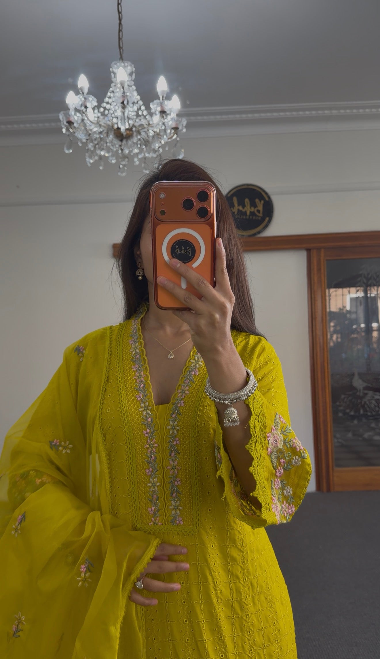 Chartreuse Cotton Chikankari Anarkali Kurti Set with Dupatta