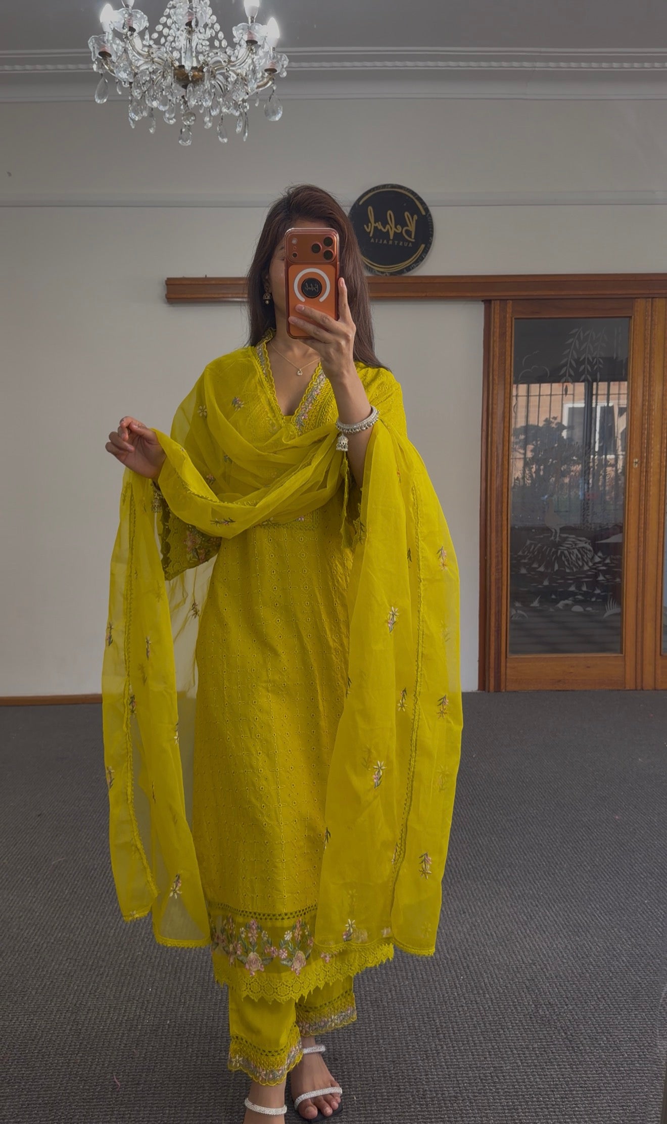 Chartreuse Cotton Chikankari Anarkali Kurti Set with Dupatta