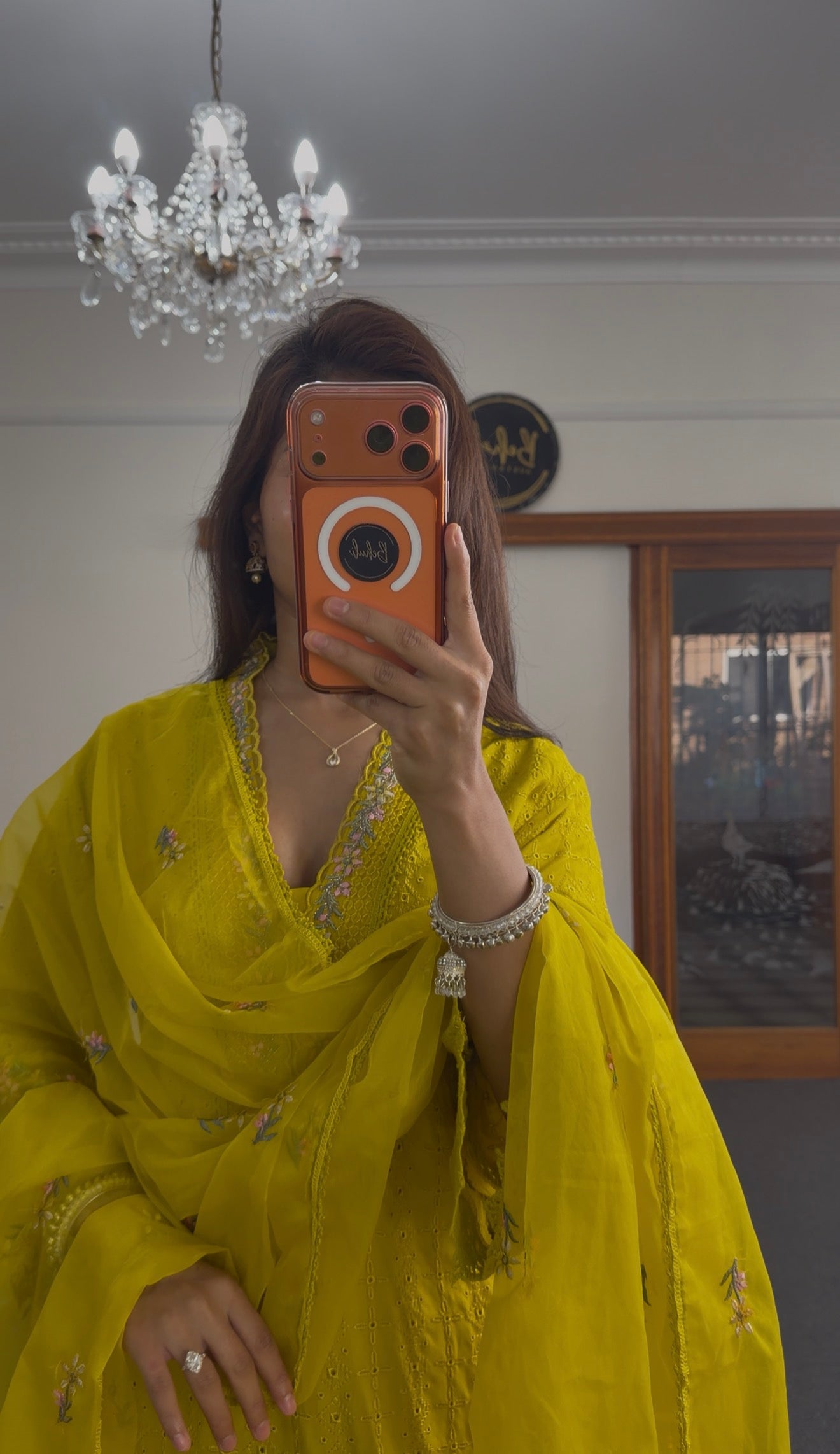 Chartreuse Cotton Chikankari Anarkali Kurti Set with Dupatta