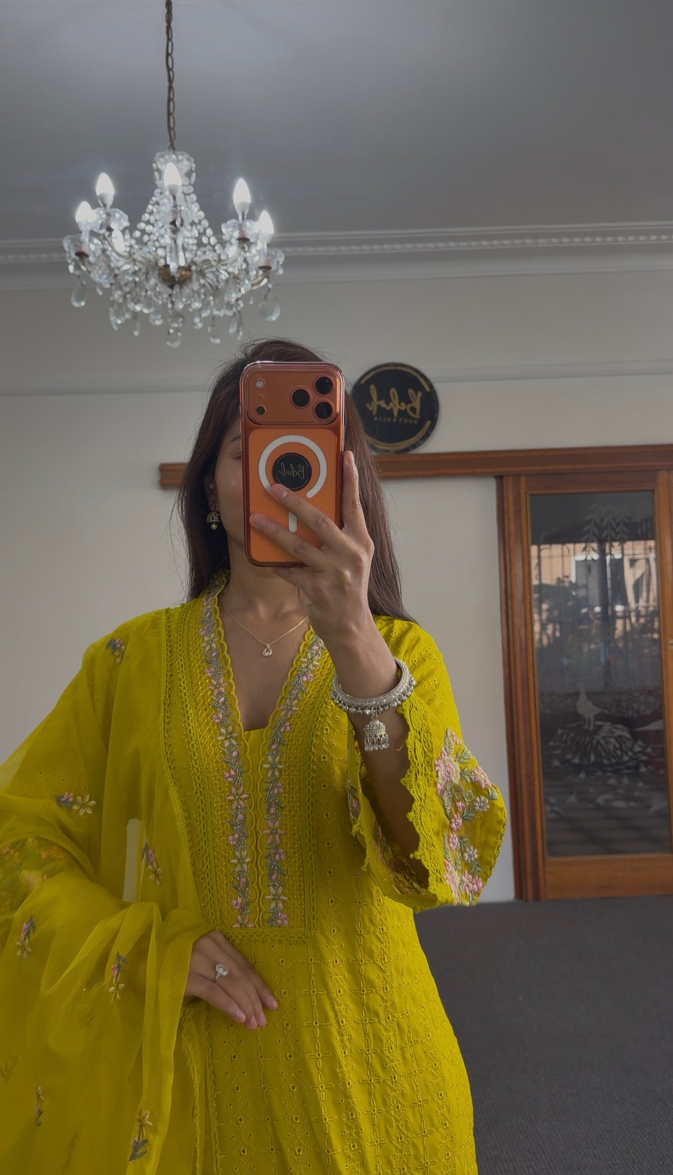 Chartreuse Cotton Chikankari Anarkali Kurti Set with Dupatta