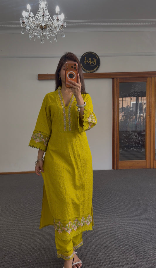 Chartreuse Cotton Chikankari Anarkali Kurti Set with Dupatta