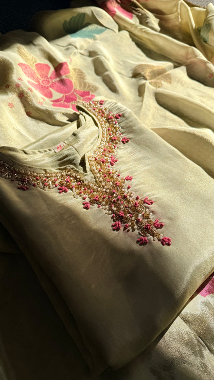 Mint green shimmer kurti set with floral print and zari stonework neckline — Behuli Australia — alternate view 3