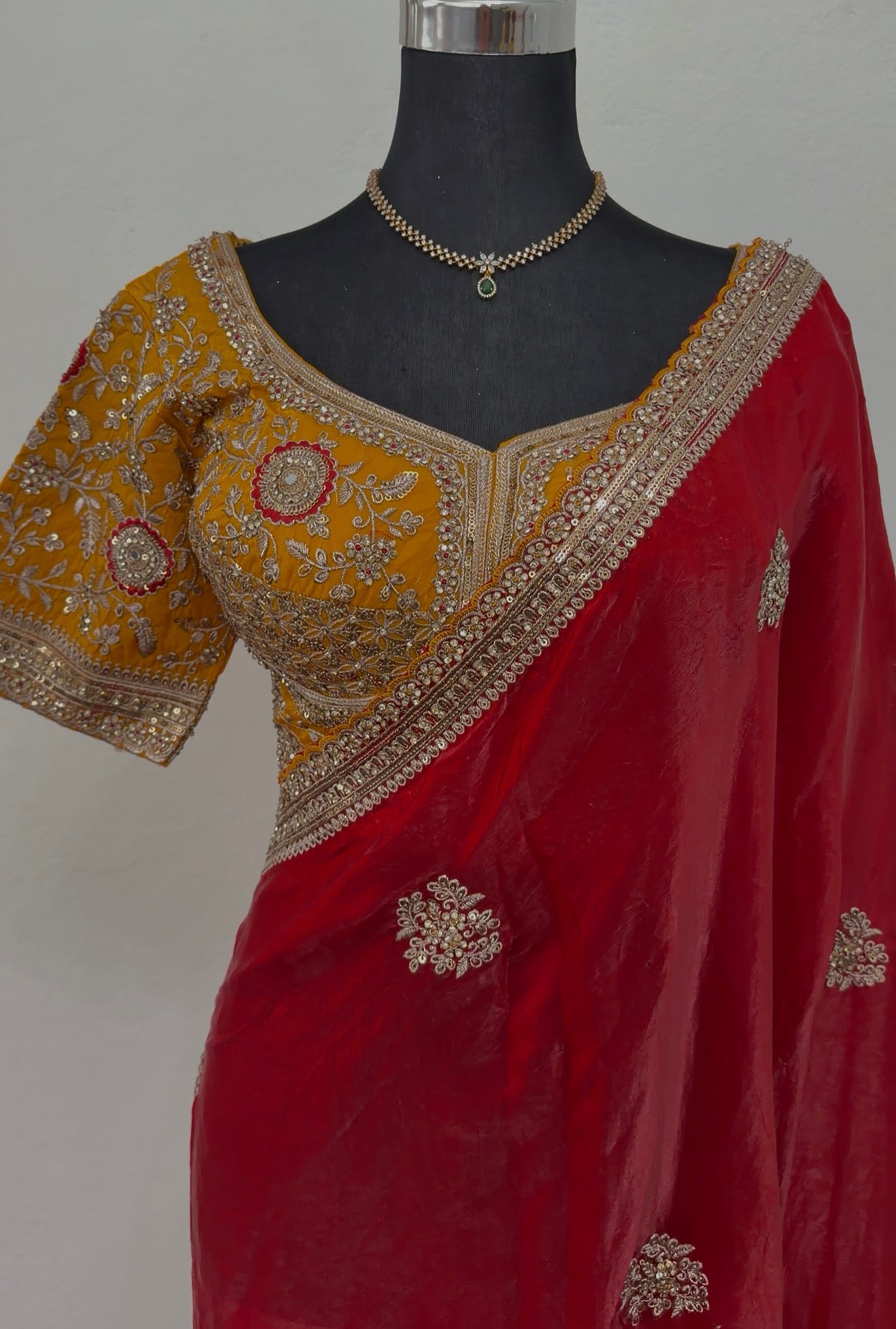 Crimson Zardozi Shimmer Silk Saree - premium Complete Teej Look bundle