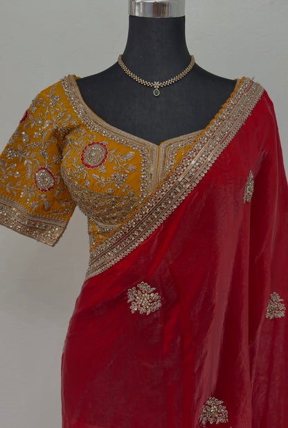 Crimson Zardozi Shimmer Silk Saree - premium Complete Teej Look bundle
