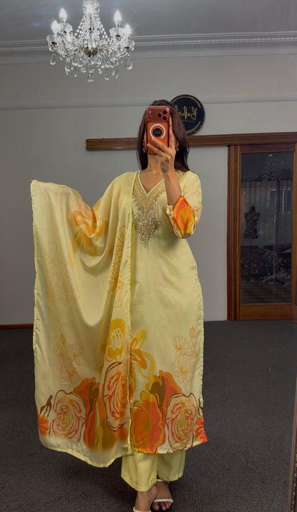 Butter yellow satin kurti set with zari neckline and floral dupatta — Behuli Australia