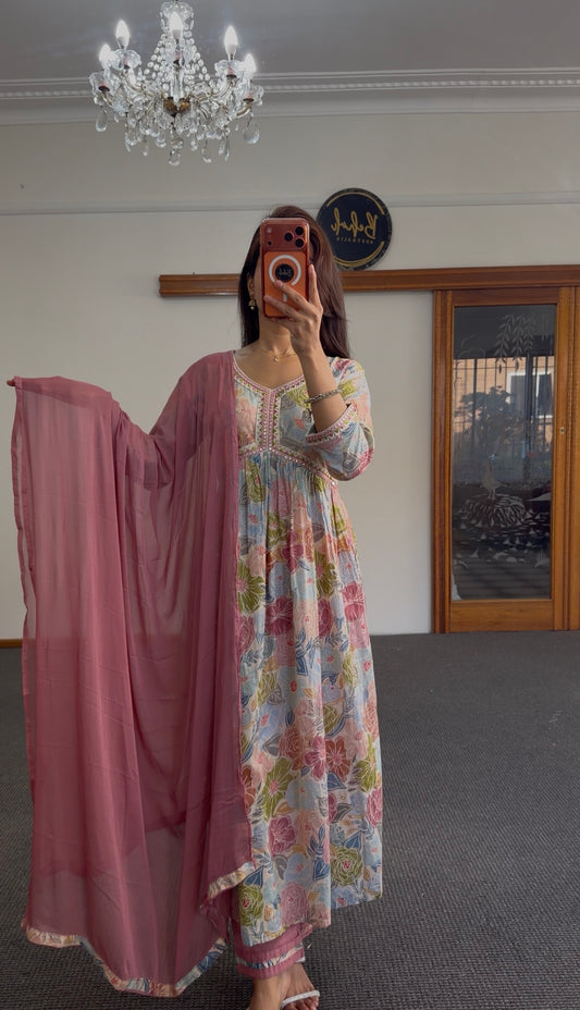 Floral Rayon Alia Cut Kurti Set with Rose Pink Dupatta