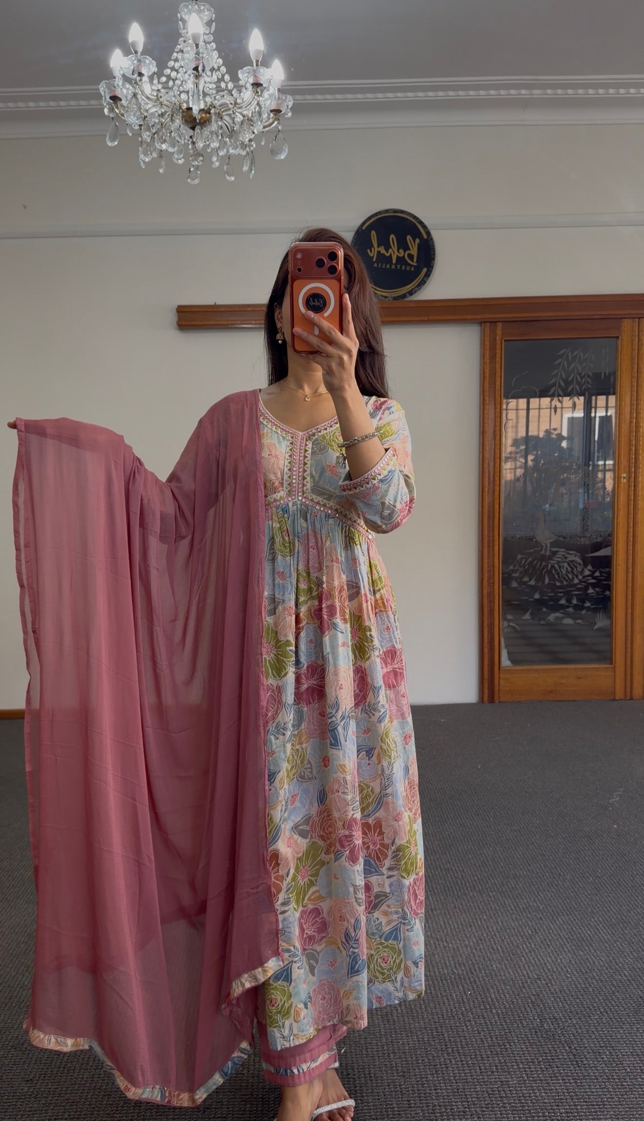 Floral Rayon Alia Cut Kurti Set with Rose Pink Dupatta