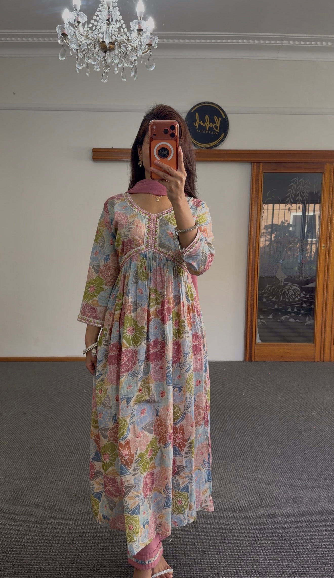 Floral Rayon Alia Cut Kurti Set with Rose Pink Dupatta