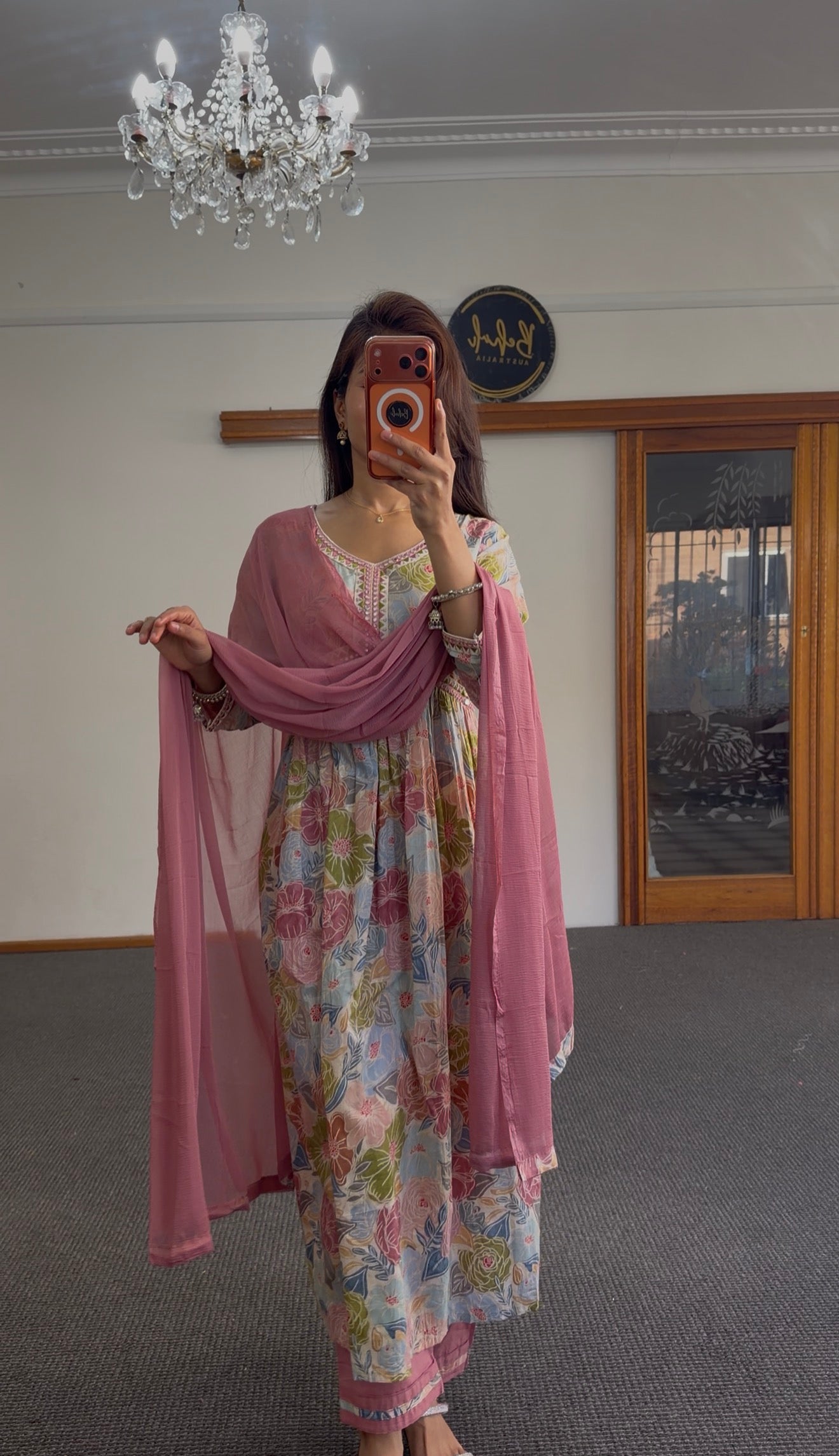 Floral Rayon Alia Cut Kurti Set with Rose Pink Dupatta