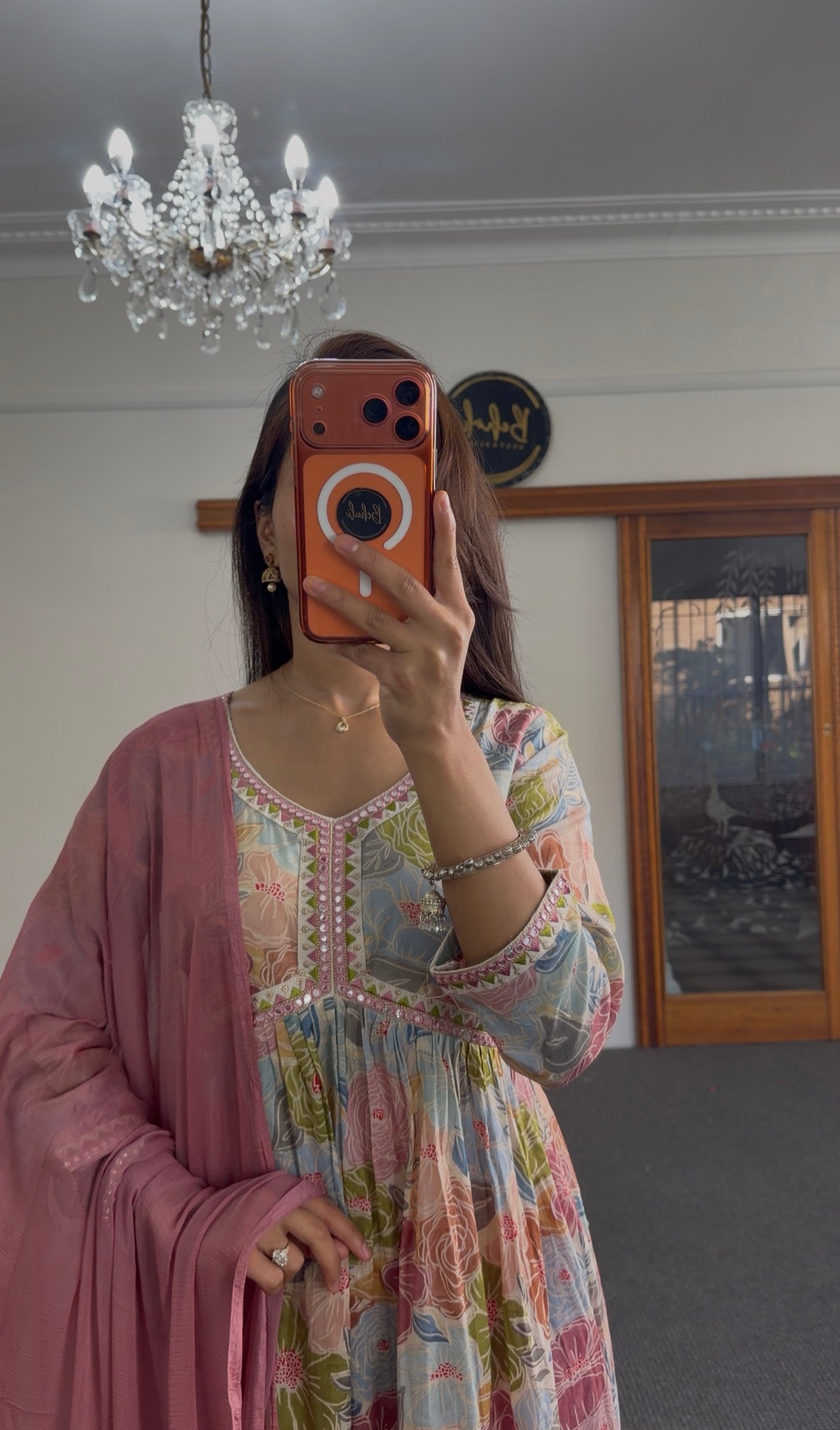 Floral Rayon Alia Cut Kurti Set with Rose Pink Dupatta