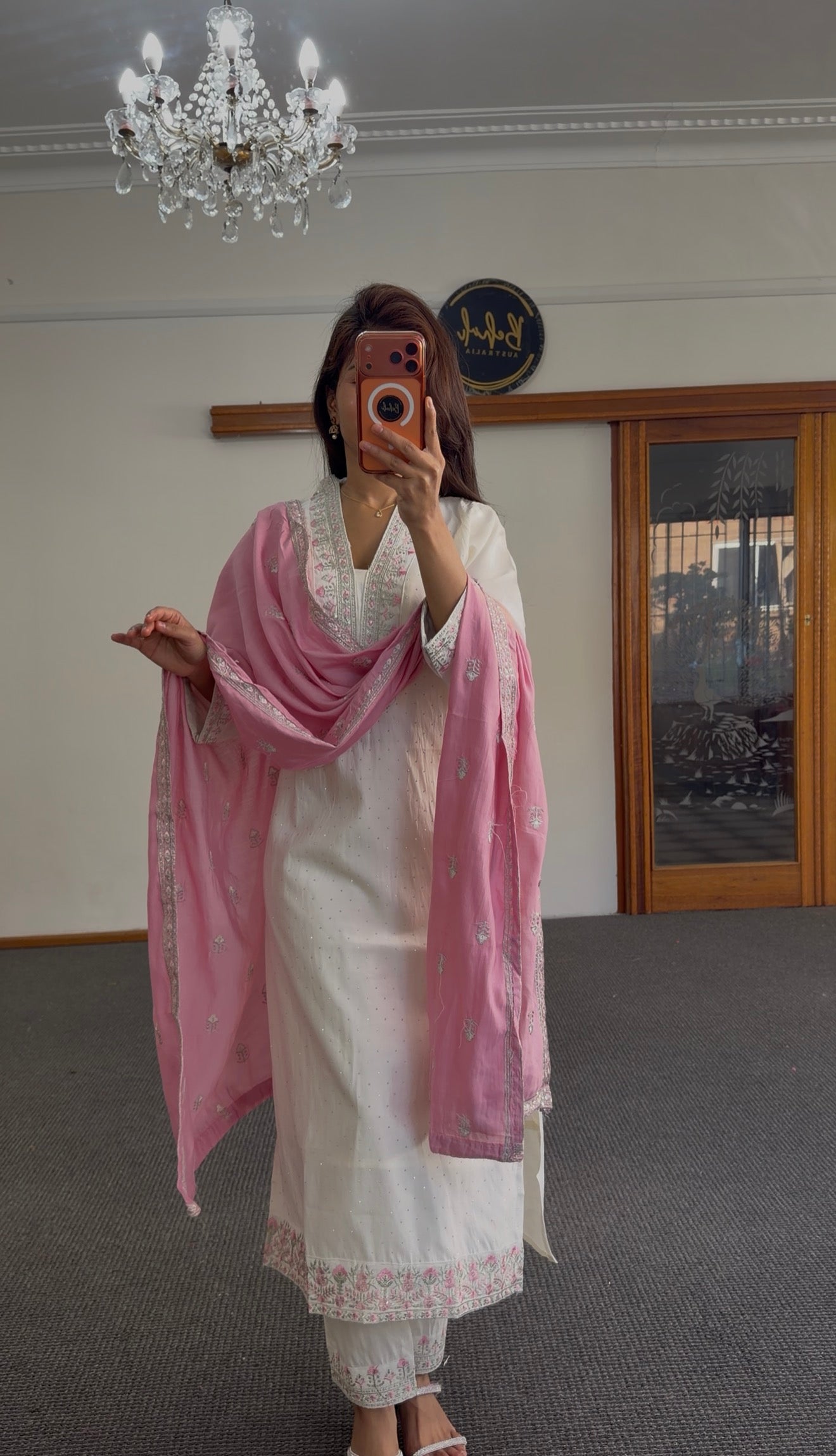 Ivory Raw Silk Kurti Set with Pink Zari & Sequin Embroidery