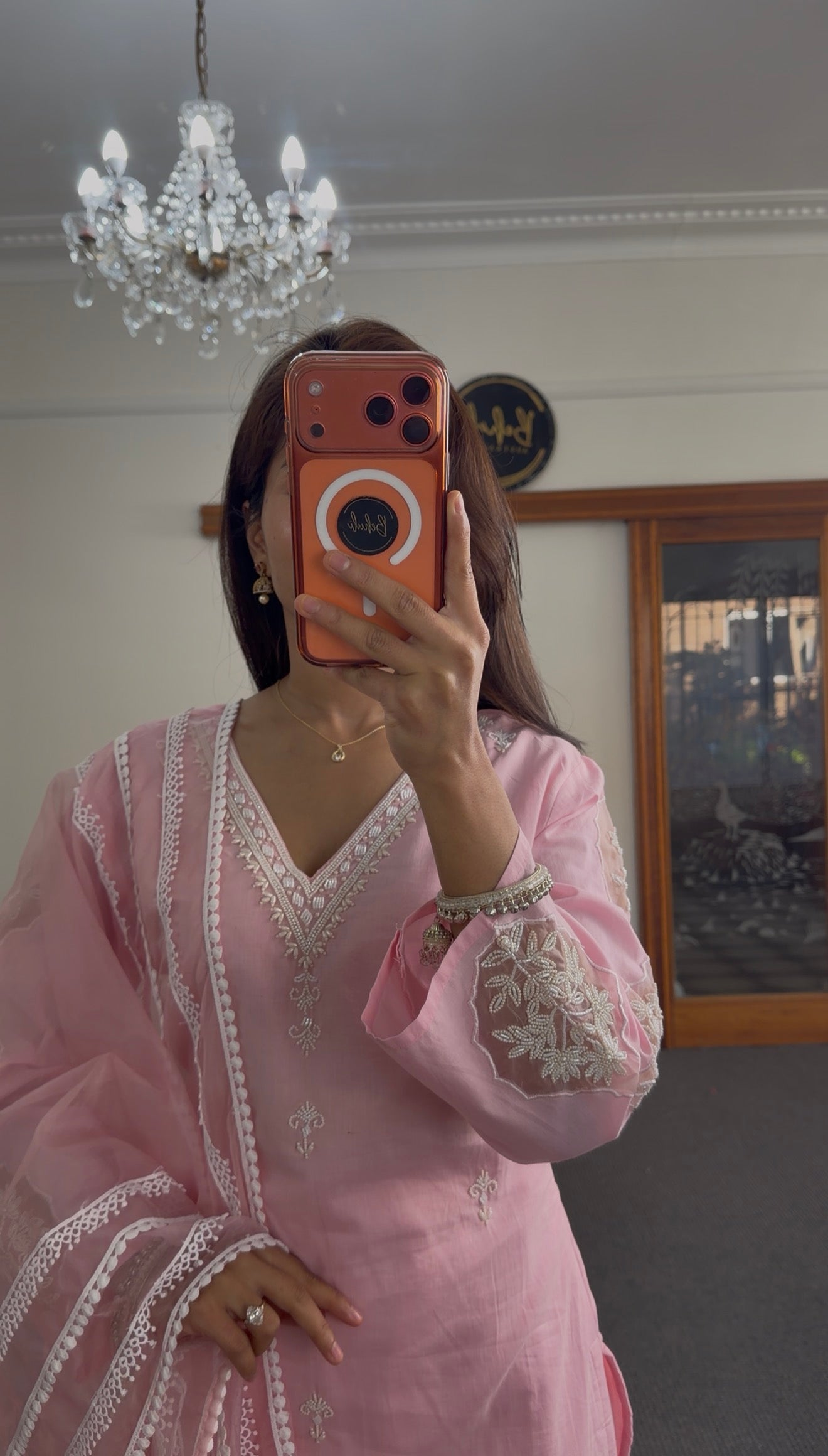 Baby Pink Linen Kurti Set with Chikankari Embroidery & Organza Dupatta