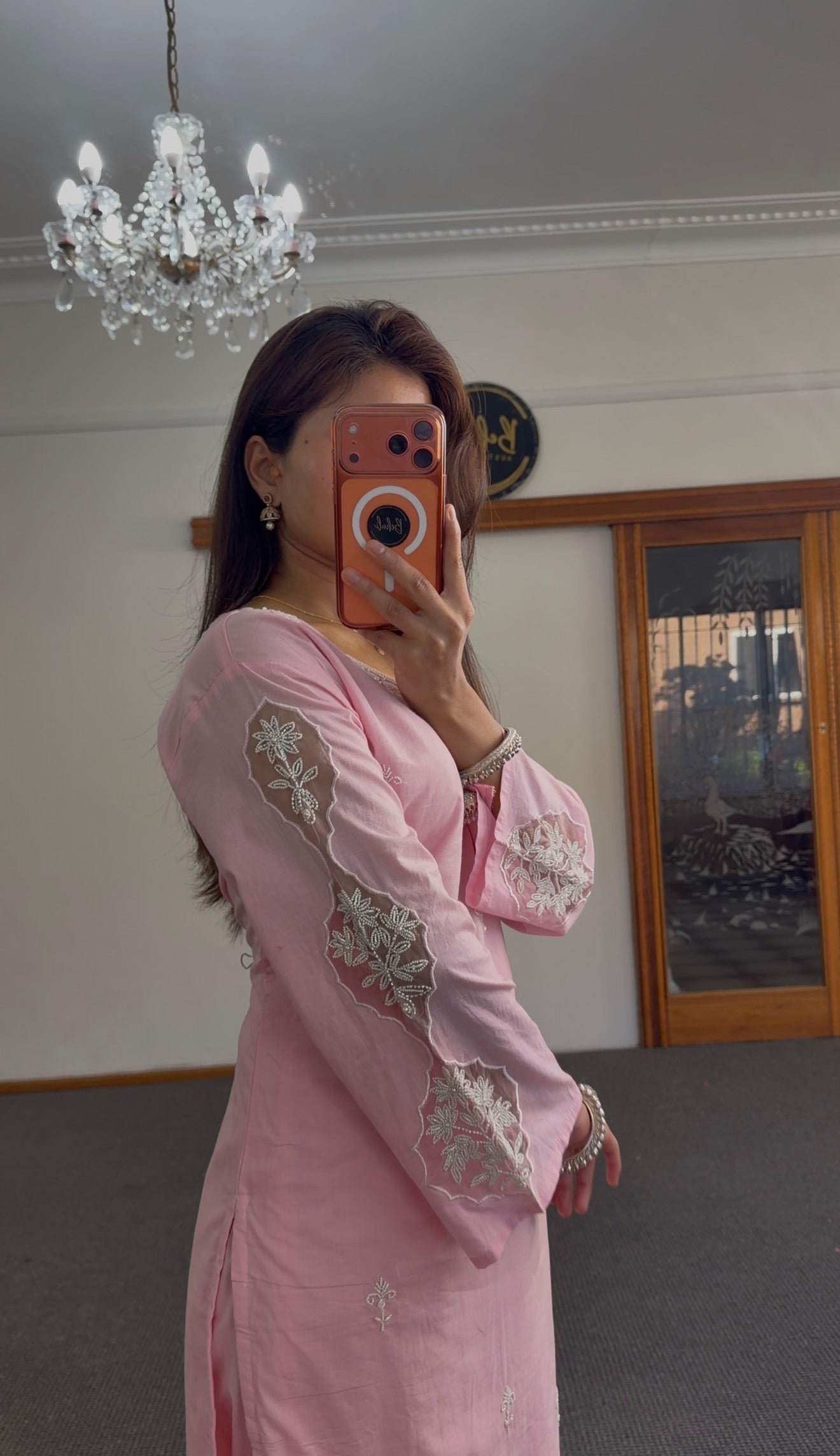 Baby Pink Linen Kurti Set with Chikankari Embroidery & Organza Dupatta