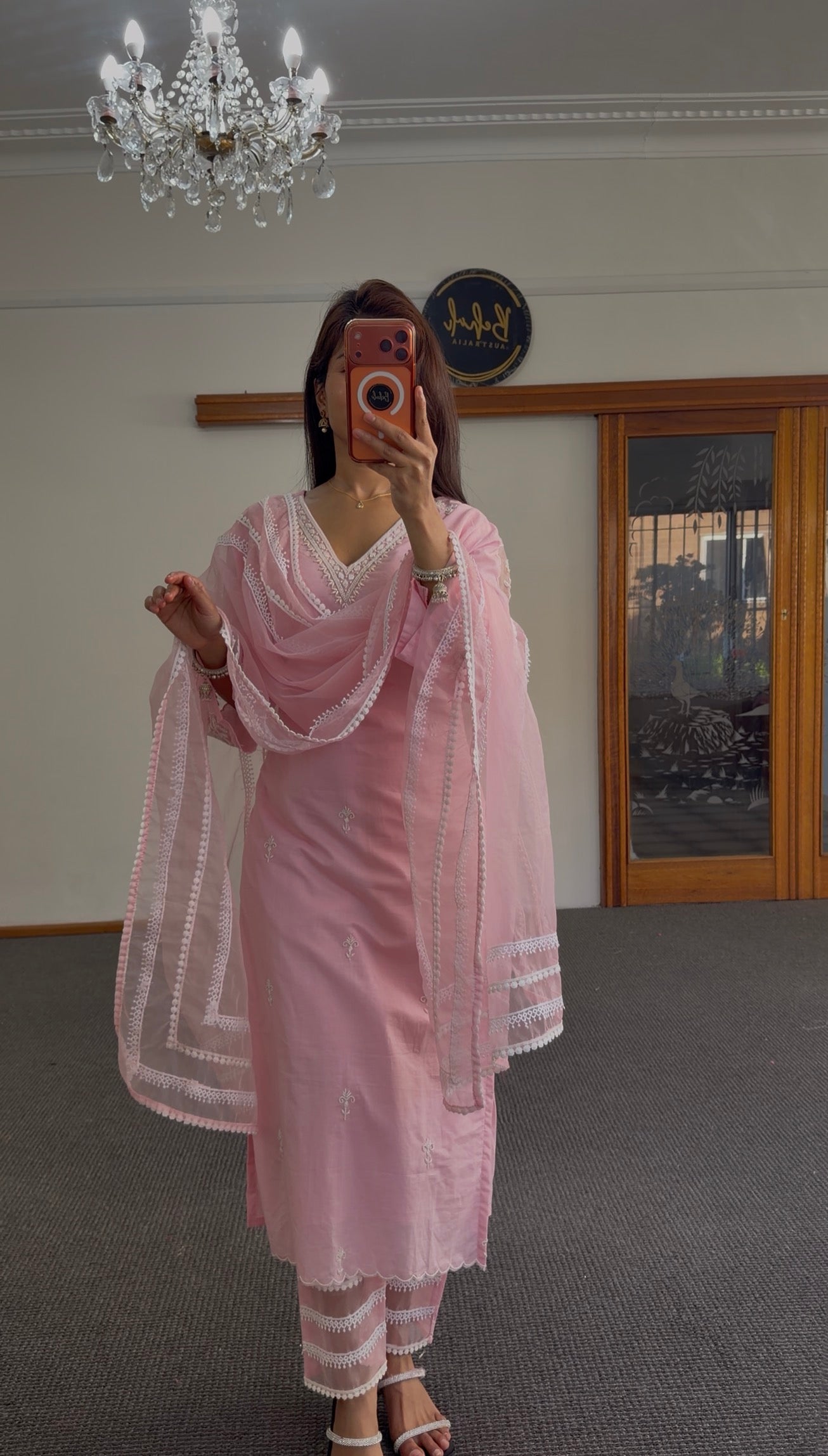 Baby Pink Linen Kurti Set with Chikankari Embroidery & Organza Dupatta
