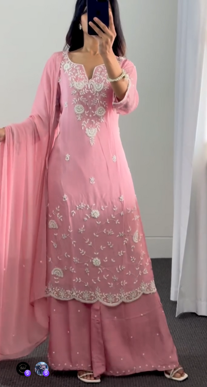 Pink Chinnon Palazzo Suit Set with Hand Embroidery