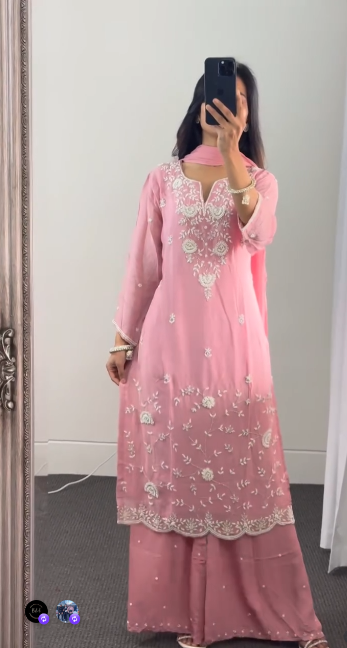 Pink Chinnon Palazzo Suit Set with Hand Embroidery