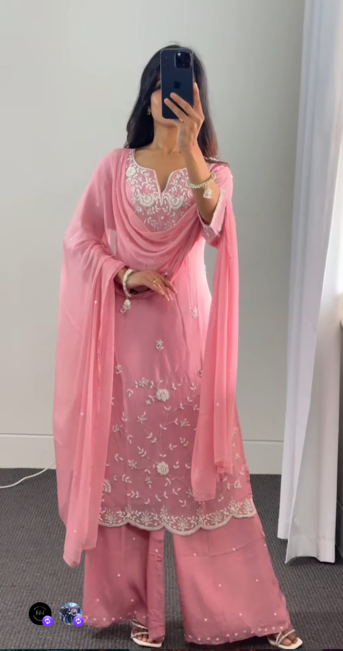 Pink Chinnon Palazzo Suit Set with Hand Embroidery