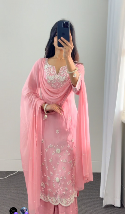 Pink Chinnon Palazzo Suit Set with Hand Embroidery