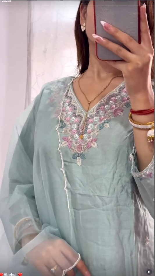 Blue Floral Silk Kurti Set
