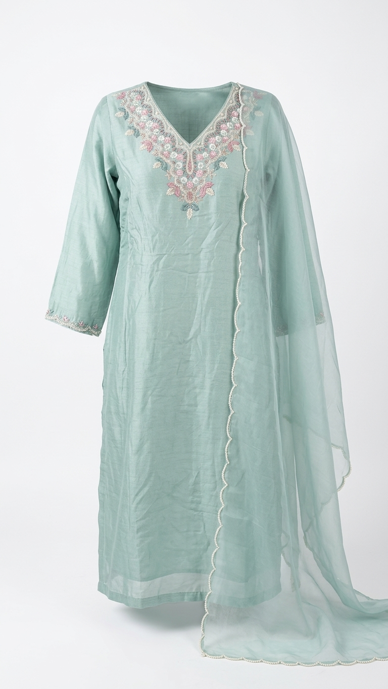 Blue Floral Silk Kurti Set