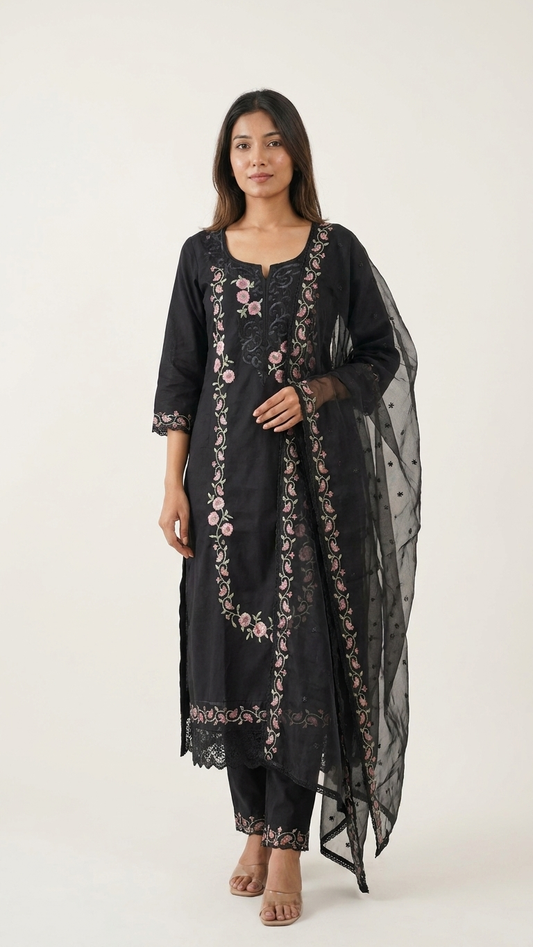 Black Resham Silk Kurti Set