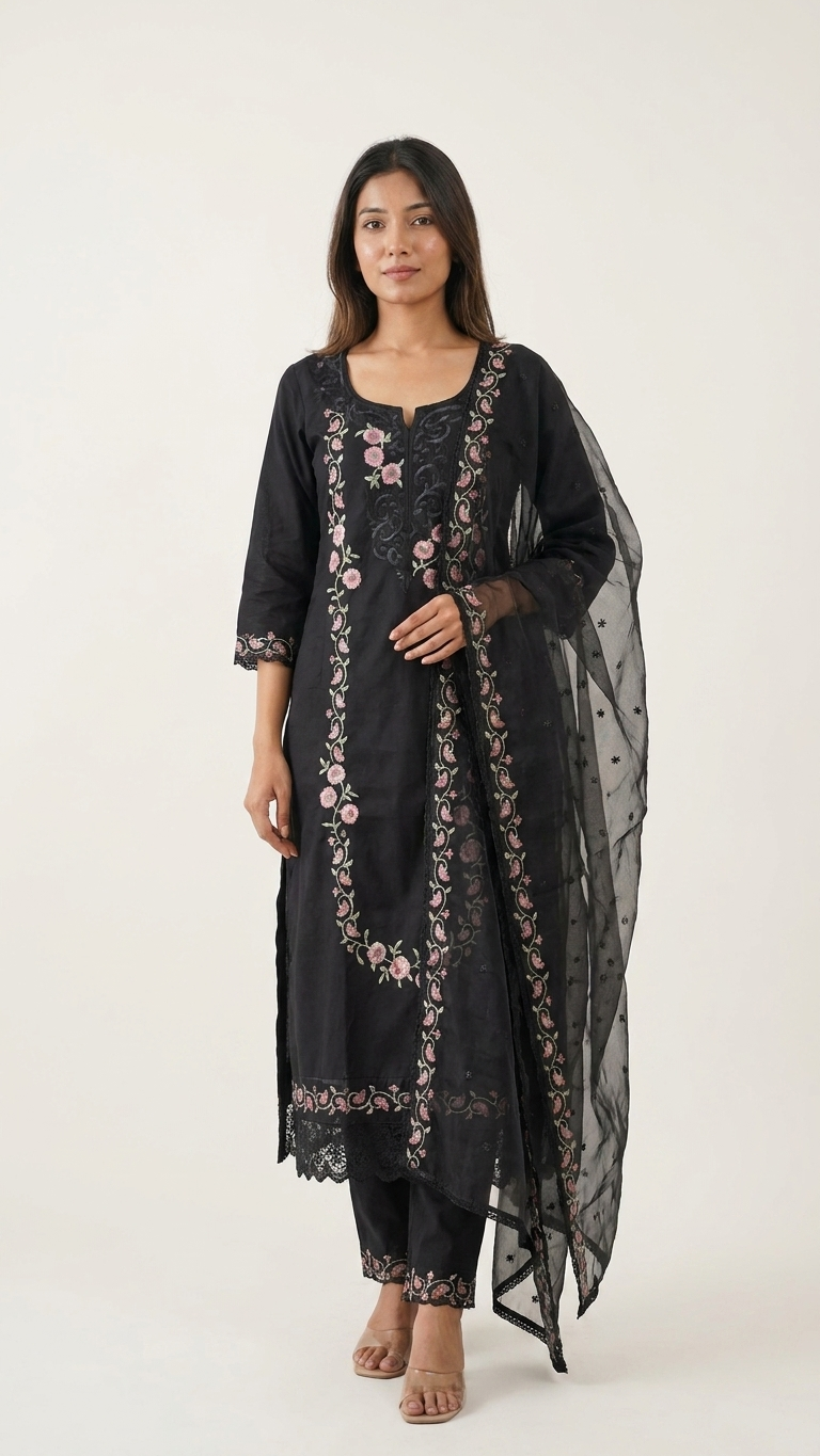 Black Resham Silk Kurti Set