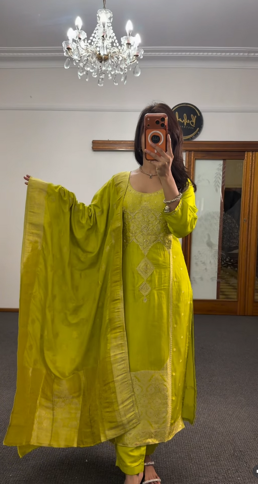 Lime Green Zari Dola Silk Kurti Set