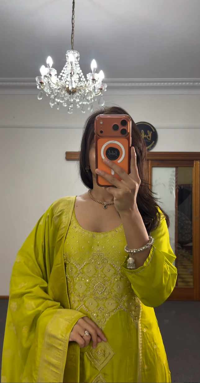 Lime Green Zari Dola Silk Kurti Set