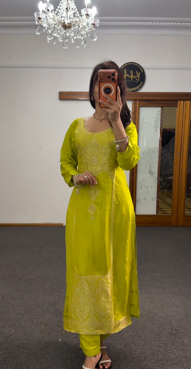 Lime Green Zari Dola Silk Kurti Set