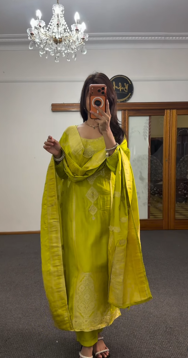 Lime Green Zari Dola Silk Kurti Set